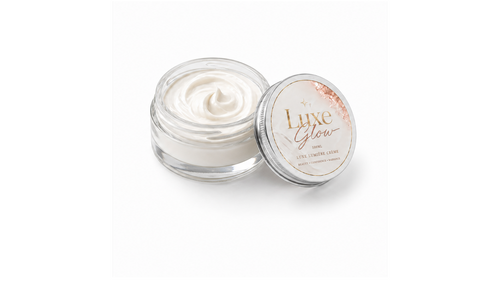 Luxe Lumière Crème glass jar on seamless pure white studio background
