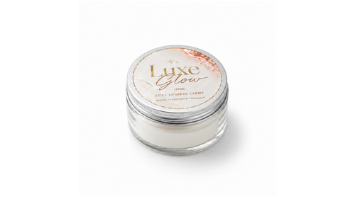 Luxe Lumière Crème glass jar, alternate angle on seamless pure white studio background