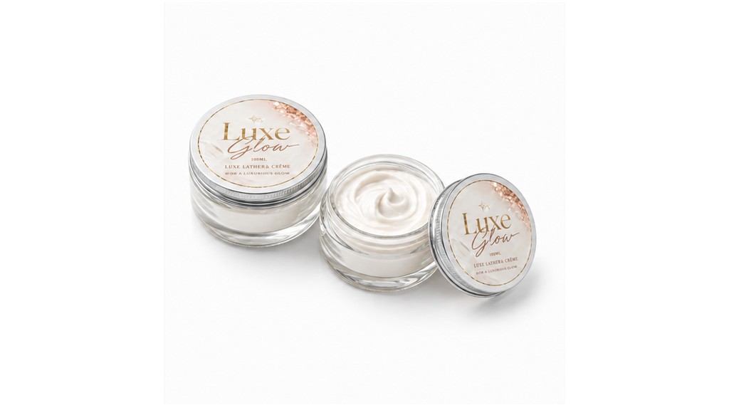 Luxe Lumière Crème open and closed glass jars on seamless pure white studio background
