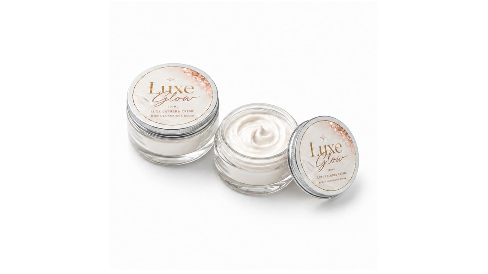 Luxe Lumière Crème open and closed glass jars on seamless pure white studio background